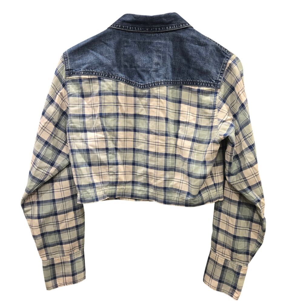 GUESS Vintage 90s Cropped Plaid Denim Pearl Snap Zip Top - Picture 8 of 11